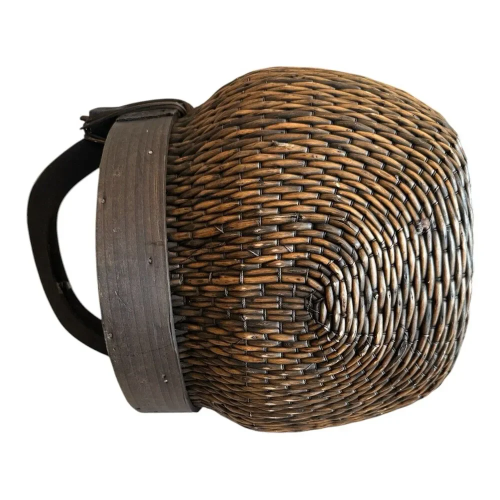 Antique Chinese Hand Woven Willow Rice Basket with Bentwood Handle